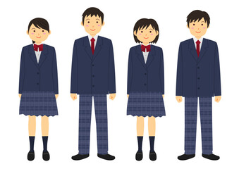 ブレザーの制服を着た男女の学生のイラストのセット_4人_紺