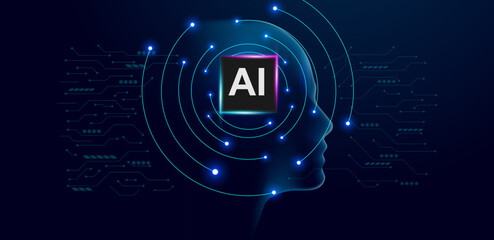 Concept of artificial intelligence. AI semiconductor on a circuit board and electronic elements background