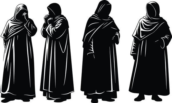 Hooded monk silhouettes set, mysterious cloaked figures in robes, faceless medieval fantasy characters isolated on white background, black vector illustration