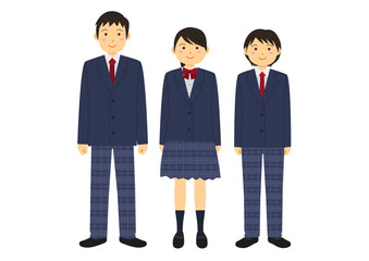 ブレザーの制服を着た男女の学生のイラストのセット_紺