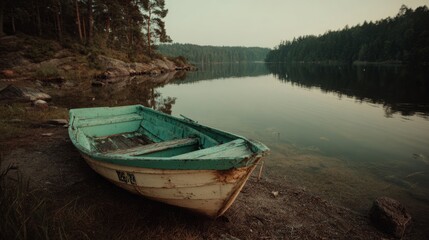 Obraz premium Old Vintage Boat Resting on Tranquil Lake Shore at Dawn