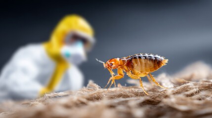 Naklejka premium Close-Up of a Flea on Pet Bedding with a Hazmat Suit Worker in Background