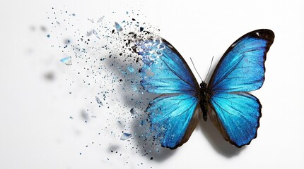 Fototapeta premium Blue butterfly on white background, left wing dissolving into fragments and particles.