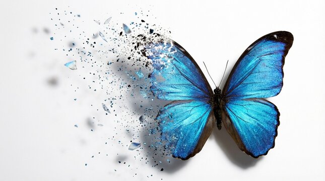 Blue butterfly on white background, left wing dissolving into fragments and particles.