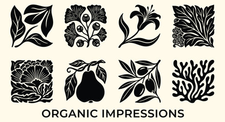 Abstract groovy floral posters. Black organic block print icons. Pear, olive branch, coral and ginkgo leaf stamps. Linocut silhouette style. Vector isolated illustration set. © MH HASIB