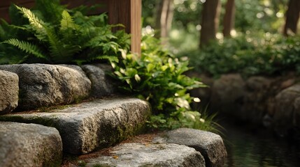 Naklejka premium Serene stone steps in a lush garden beside a calm water stream