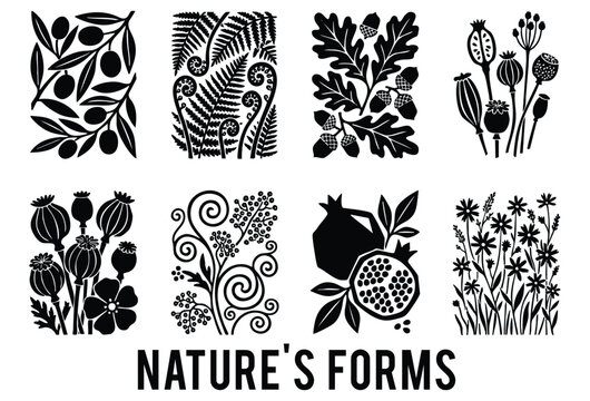 Abstract groovy posters flowers in beige tones. Black nature silhouette set. Poppy pods, pomegranate, ferns and olive branches. Folk art stencil style. Vector isolated illustration collection.