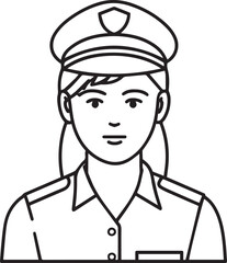 Hand Drawn Female Police Black and White Avatar Illustration in Minimal Line Art Style Design