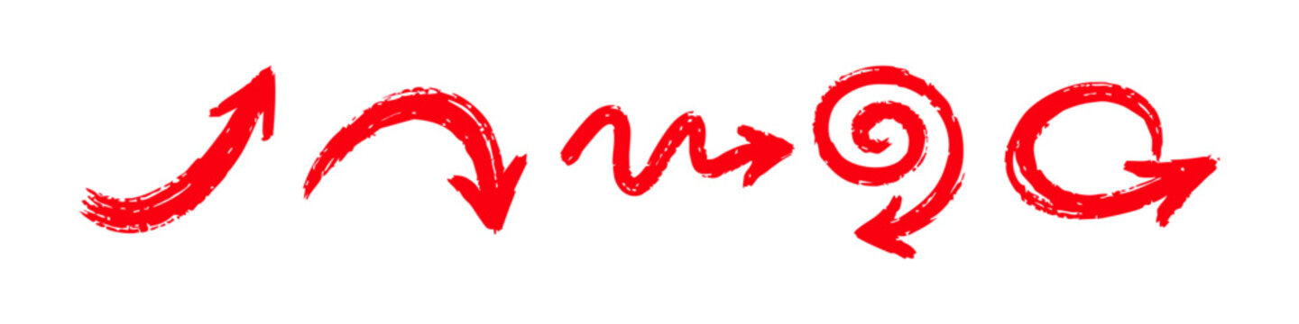 Set of five red hand-drawn grunge arrows with brush stroke texture, including spiral, curve, and zigzag shapes isolated on a white background.