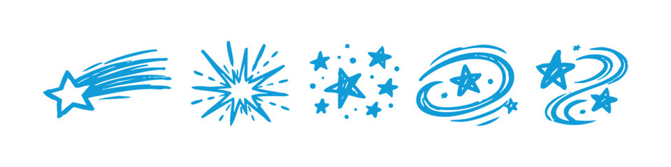 Set of five blue hand-drawn star icons featuring shooting stars, starbursts, and swirling trails, perfect for creative and celestial designs. © Nort Kor