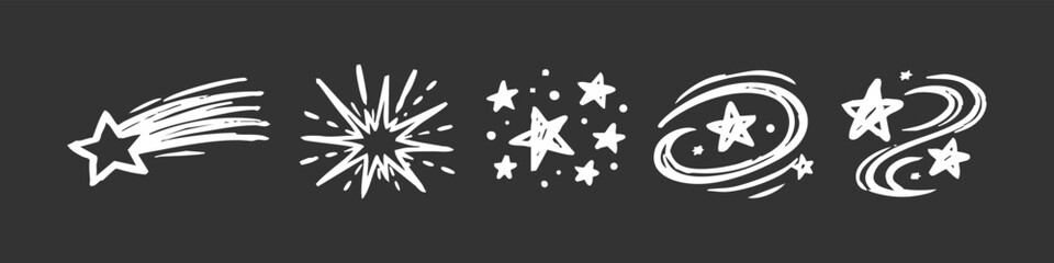 Hand-drawn white star and comet icons set on dark background. Celestial doodle elements for space, magic, and motion design. © Петро Корженівський