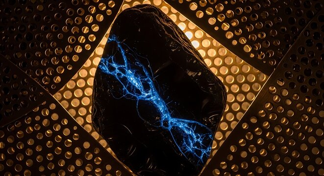 Illuminated obsidian with electrical charge abstract presentation stage