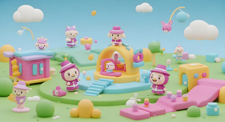Obraz premium Whimsical cartoon characters play in colorful fantasy landscape with toys