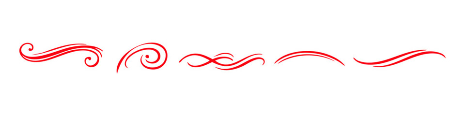 Set of five elegant red calligraphic swirls and decorative flourishes, isolated on white background. Perfect for wedding invitations and logo design.