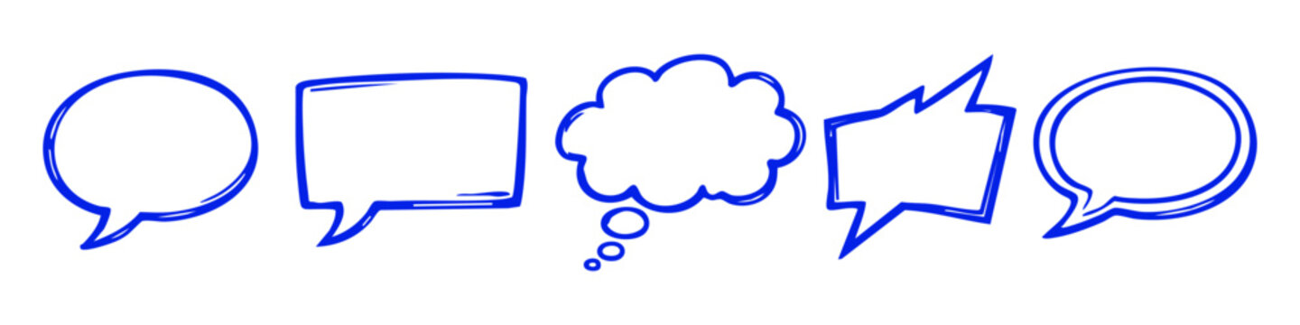 Set of blue hand-drawn speech and thought bubbles in a sketchy doodle style. Ideal for comics, social media, and creative communication projects.