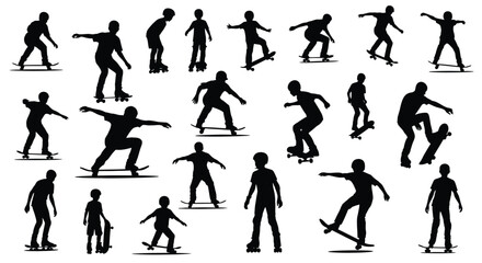 Fototapeta premium Dynamic vector silhouettes illustration capturing boys and young men skillfully skateboarding and rollerblading in various action poses.