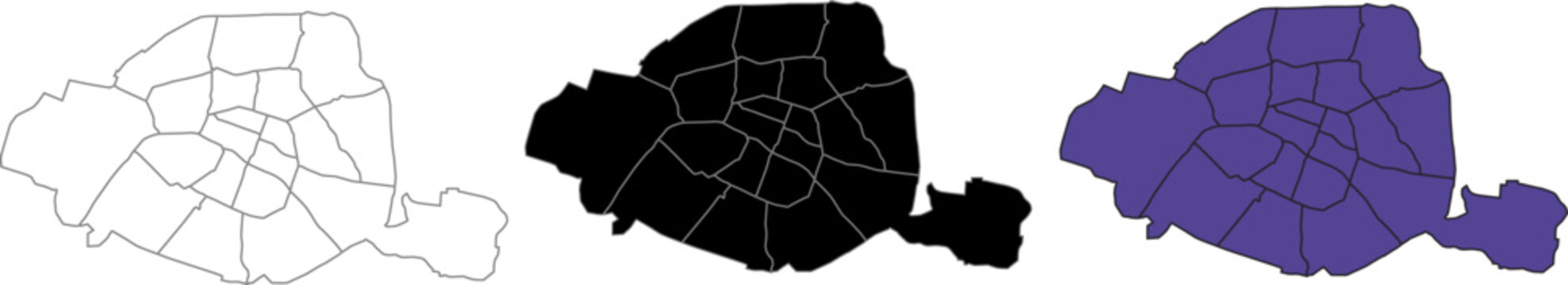 A set of vector maps of the city of Paris with prefecture boundaries in three styles.