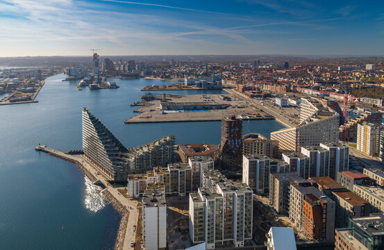 04-03-2026, Aarhus Denmark-Aerial View of Aarhus &Oslash; Waterfront with Lighthouse Tower and Isbjerget