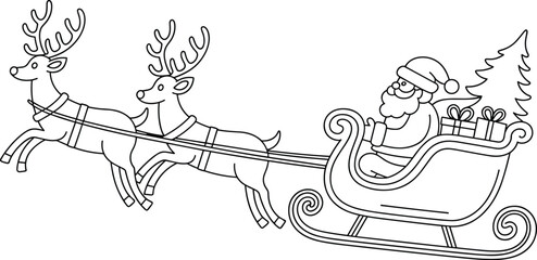 Santa sleigh silhouette illustration, flying reindeer artwork, festive Christmas design, holiday graphic pattern, black winter decorative element, seasonal celebration © It's Jobayer 