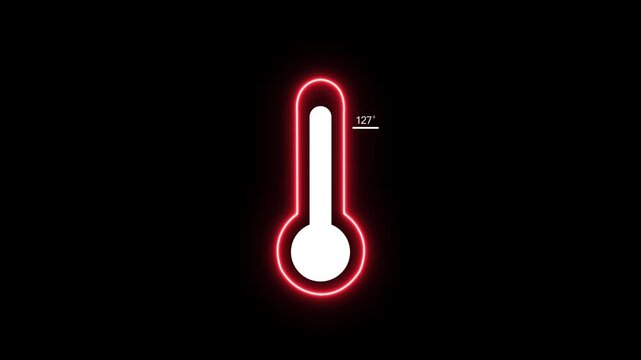 Bright red neon thermometer an elevated temperature of 127 degrees Fahrenheit against a deep black background in a simple style