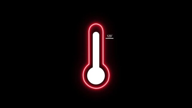 Illuminated red neon thermometer a critical 129 degrees Fahrenheit on a dark black canvas with a stark, simple visual presentation