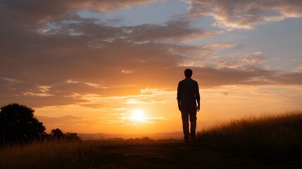 A lone silhouetted person walks across a grassy hill towards a breathtaking sunset filled with warm orange and yellow hues