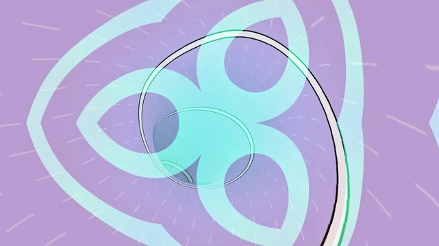 Abstract purple background with a light blue trefoil pattern and a dynamic curved element creating a sense of motion and depth.