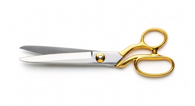 Open Gold Handled Scissors with Silver Blades Isolated on White Background in Flat Lay Studio Shot