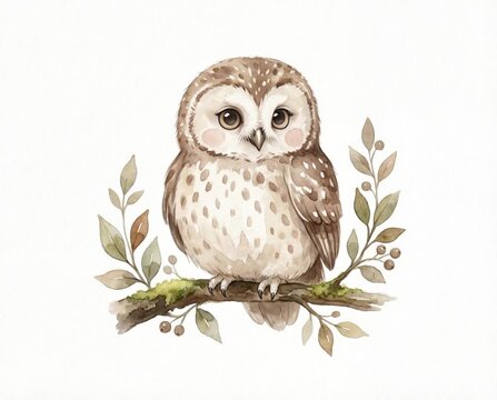 Animated watercolor owl sitting on a tree branch with swaying green leaves