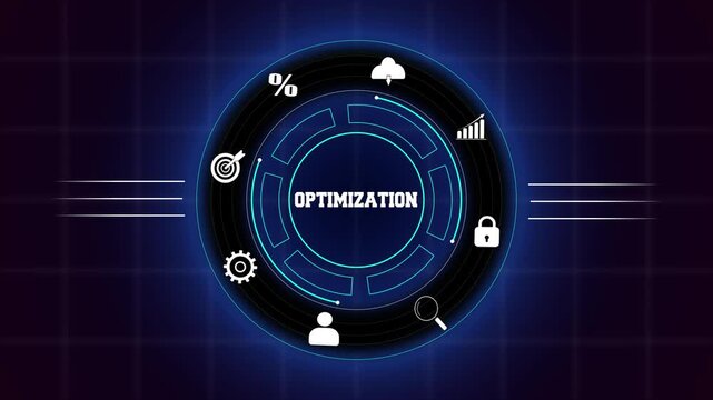 Business process optimization and digital workflow efficiency concept, featuring a glowing blue digital circular interface with system management icons.