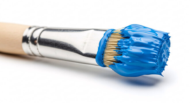 Paintbrush with Blue Paint Closeup on White Background Art Supply Craft Tool Design Element Macro Shot Bright Color Hobby Creative Expression