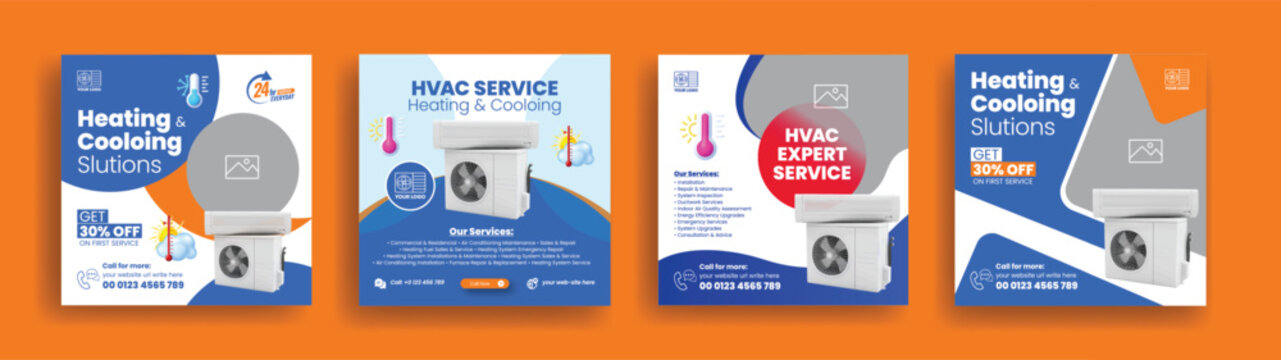 Trendy HVAC Service Editable Template Set for Social Media, Square Flyer, Poster, Vector Promo Design Bundle Heating, Ventilation, Air Conditioning, AC Repair, Maintenance, Installation template