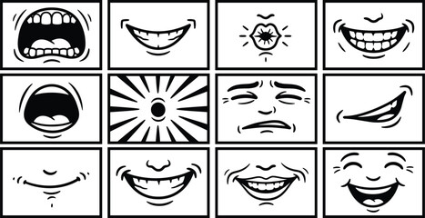 Cartoon mouth expressions silhouette set featuring smiling, laughing, shouting, kissing lips and funny comic face mouth vector collection © Art_By_Shoriphul