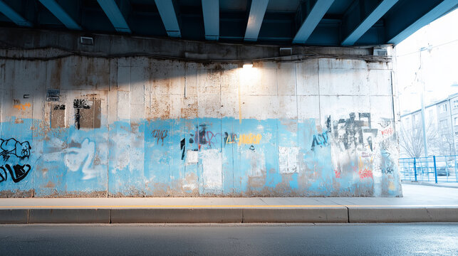 Grungy concrete wall under an overpass with layered paint, graffiti tags, abstract art, and raw texture