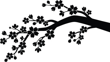 Cherry blossom tree branch silhouette with blooming sakura flowers and buds, elegant Japanese spring floral design isolated vector illustration © Art_By_Shoriphul