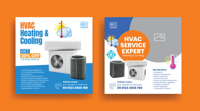 HVAC service social media posts, banner, ads template, Air Conditioner Repair Service promotional advertising design, Ac maintenance, installation Service web banner design