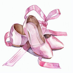 Watercolor Pink Ballet Shoes with bow. Hand Drawn Pink Pointes.