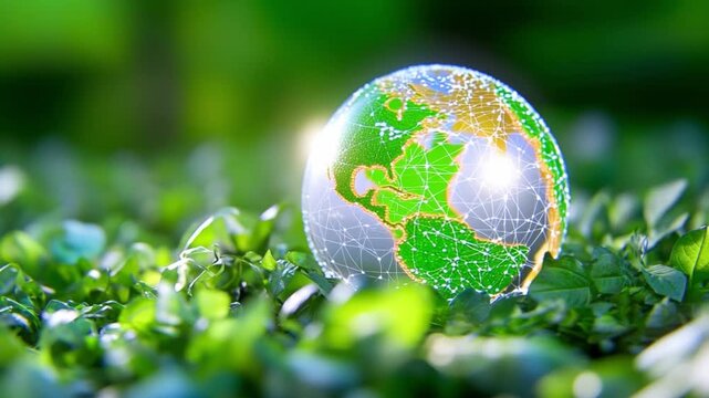 Eco-Friendly World: A radiant globe, representing earth, rests amidst vibrant green grass, symbolizing the planet's health and a commitment to environmental stewardship. 