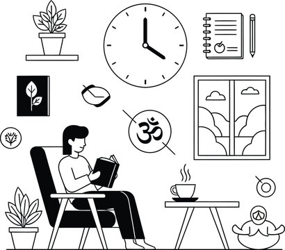 Woman meditates while reading book near steaming coffee in peaceful indoor setting wqe 293