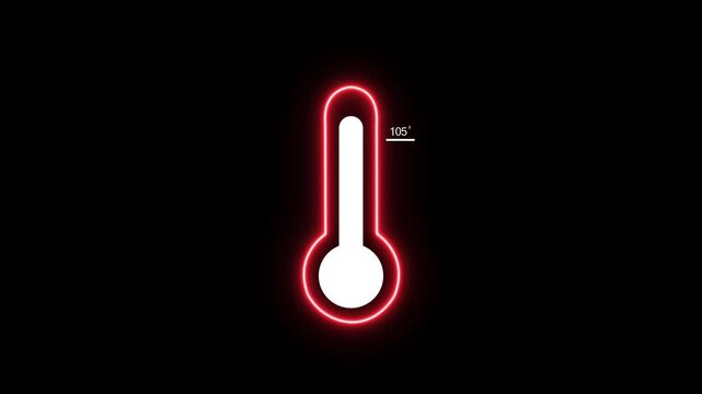 A bright red neon outline surrounds a white thermometer showing 105 degrees Fahrenheit, isolated on a black background, indicating a dangerously fever or