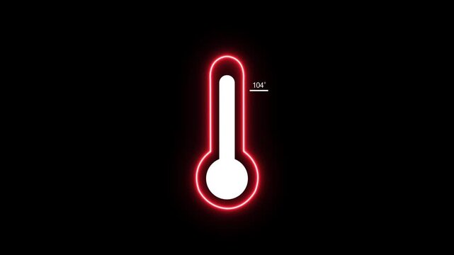 A striking red neon outline encircles a white thermometer displaying 104 degrees Fahrenheit, set against a dark black background, symbolizing a critical