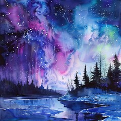 A breathtaking view of the Northern Lights, the night sky, with a silhouette of pine tree