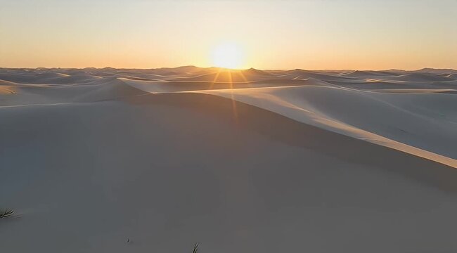 Sun setting over the endless desert dunes creating beautiful light and shadows