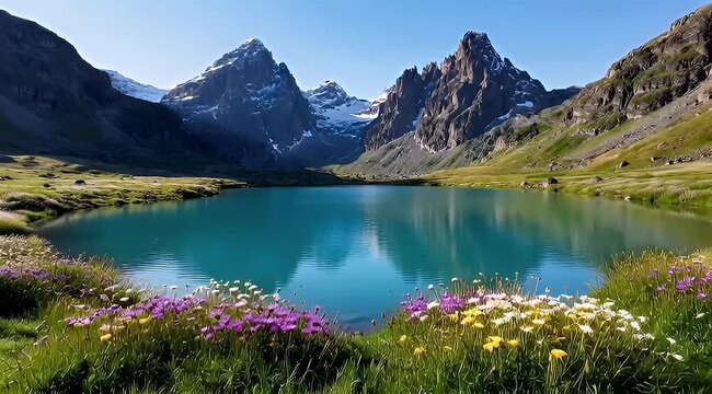 A beautiful pristine alpine lake surrounded by snowcapped mountains and wildflowers
