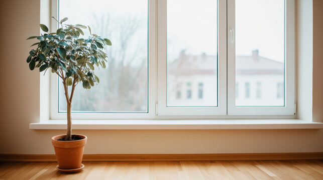 Potted green plant creating a peaceful, natural atmosphere near a window, emphasizing simplicity and interior decor