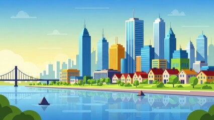 Naklejka premium Modern Cityscape with River and Skyscrapers.