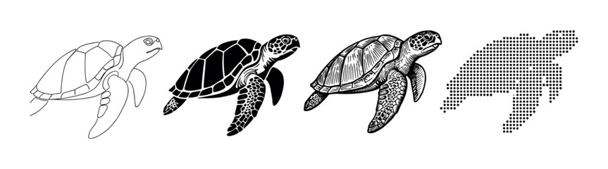 Fototapeta premium Set of four black sea turtle illustrations showing a progression of graphic styles from simple outline and silhouette to detailed engraving and a final dotted pattern