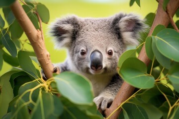 Fototapeta premium Koala looking directly at viewer while clinging to a eucalyptus tree branch