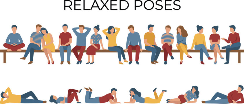 Relaxed people poses collection sitting and lying positions, casual human posture set for character design flat vector illustration