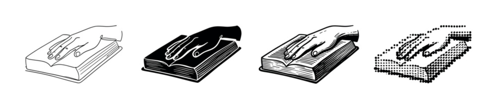 Hand on a book taking an oath icon set in four different graphic styles including line art, silhouette, engraving, and halftone for concepts of law, justice, and truth